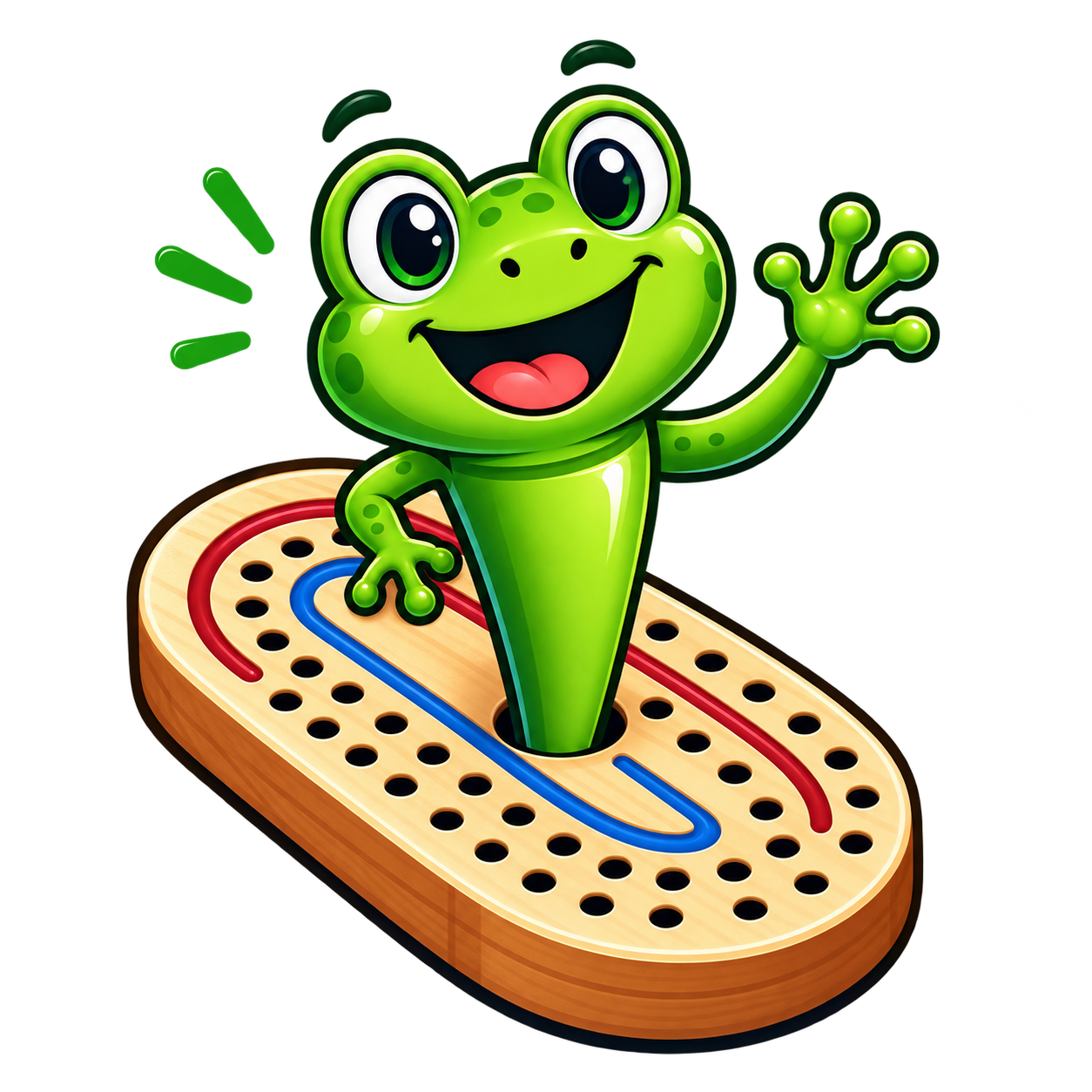 Cribbit mascot frog standing on a cribbage board